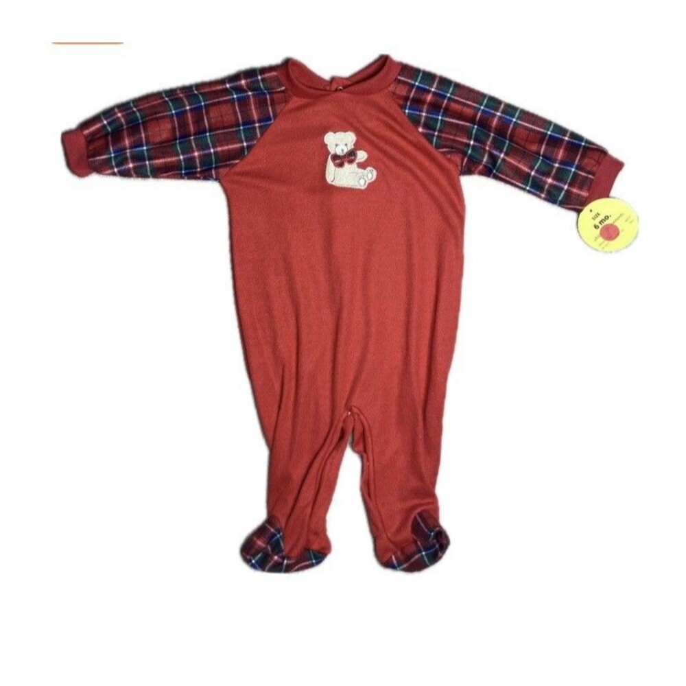 Vintage 90s Christmas Baby Sleeper Red Plaid Teddy Bear NWT 6 Months